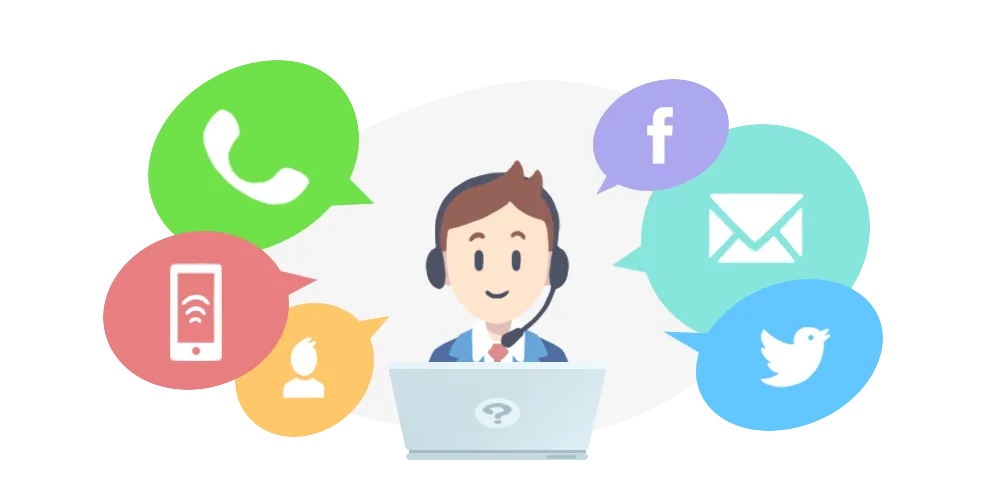 A Renovation Golf support agent surrounded by phone, email and social message icons